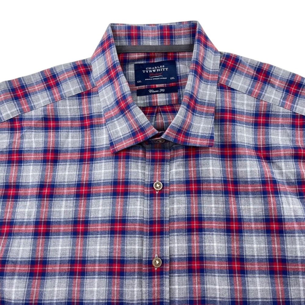 Charles Tyrwhitt Shirt XXL Gray Red Plaid Cotton Flannel Weekend Fall Outdoors